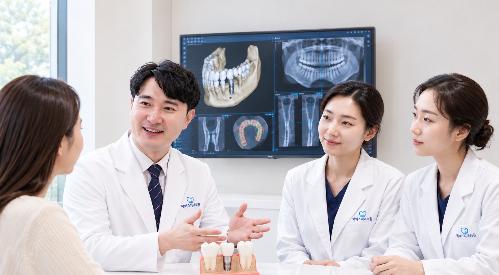 임플란트 상담 참고 이미지 — 임플란트 모형과 CT 영상을 보며 환자에게 치료 과정을 설명하는 의료진