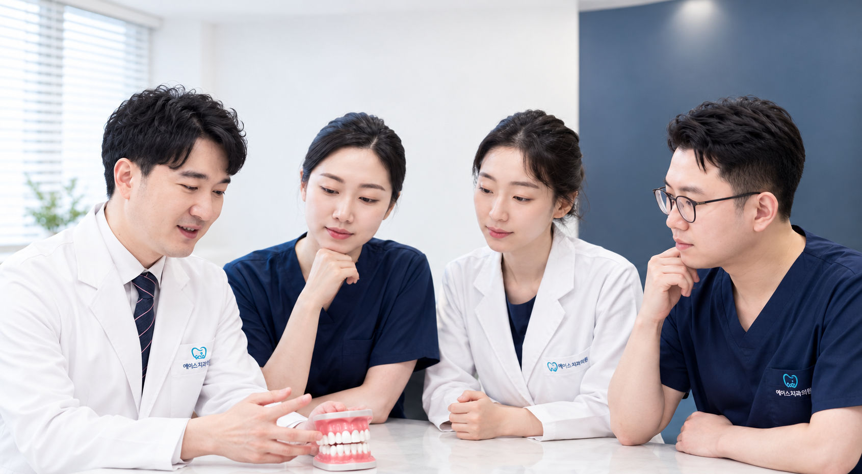치주(잇몸) 치료 참고 이미지 — 잇몸 치아 모형을 두고 함께 살펴보는 의료진