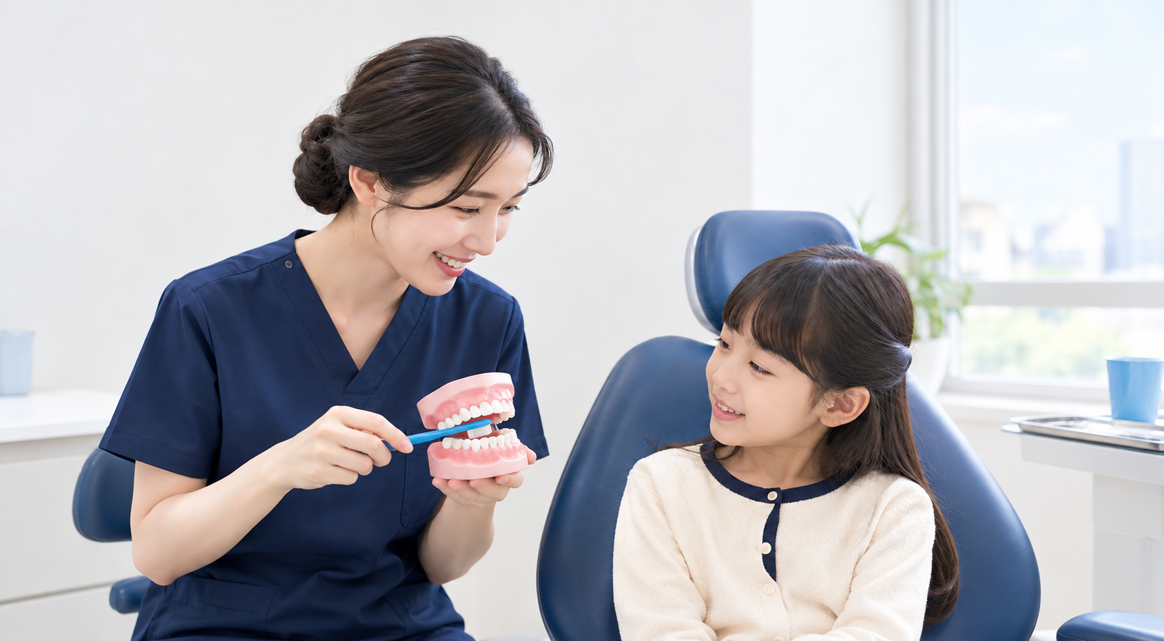 소아치과 참고 이미지 — 치아 모형으로 칫솔질을 알려주는 치과의사와 진료의자에 앉은 어린이